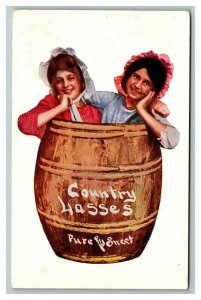 Vintage 1910's Comic Postcard - Cute Kids in Barrel Country Lasses Pure & Sweet