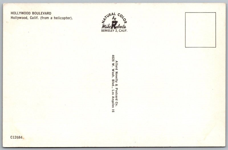 Vtg California CA Hollywood Boulevard From Helicopter Street View Postcard