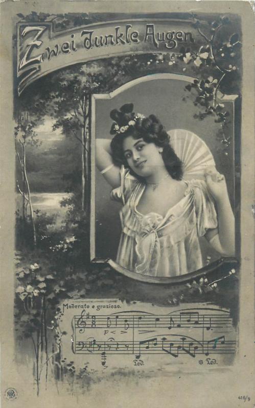 Zwei dunkle Augen Moderato grazioso music song lied notes lady fan fantasy 1905