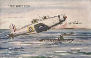 WWII British Airplane Roc Fleet Fighter, Ships, Artist Bannister 1940's