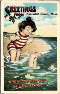 Children at Beach, Greetings From Nantasket Beach MA Vintage Postcard S61