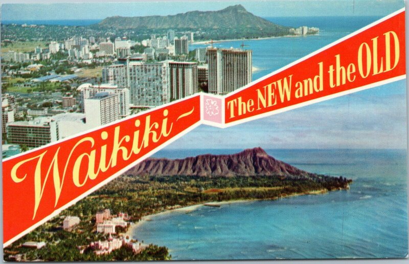 postcard Hawaii - Waikiki beach aerial -- New and Old -- view of 1970s and 1950s