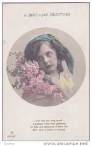 BIRTHDAY; A Birthday Greeting, Little Girl holding bouquet of pink flowers,...