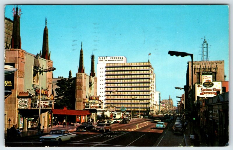  Postcard c1950 Hollywood Blvd. Calf. street View Old Cars A9 