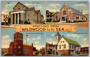 Vtg Greetings from Wildwood by the Sea New Jersey Churches 1940s View Postcard