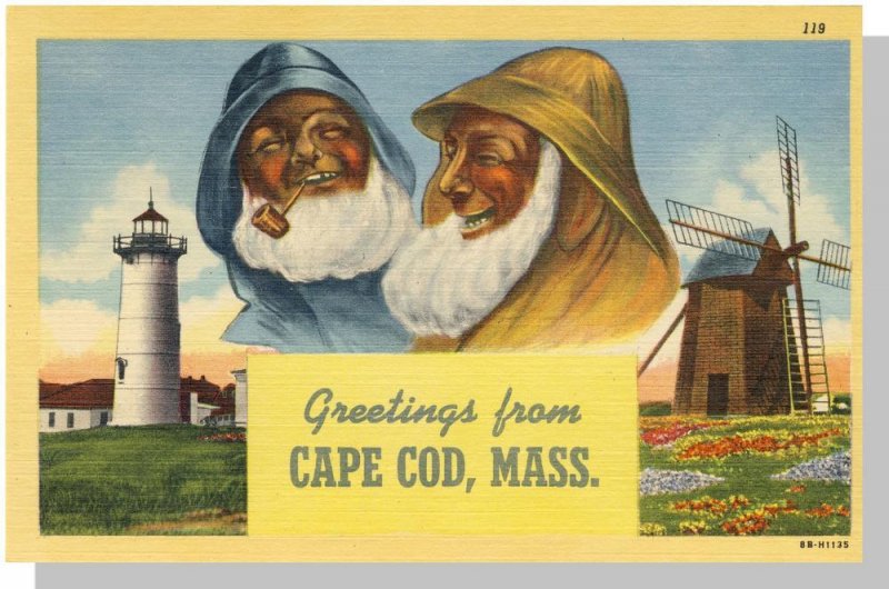 Cape Cod, Massachusetts/MA Postcard, Windmill, Fishermen & Lighthouse/Light