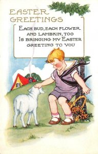 EASTER GREETINGS Boy & Lamb c1910s Embossed Vintage Postcard