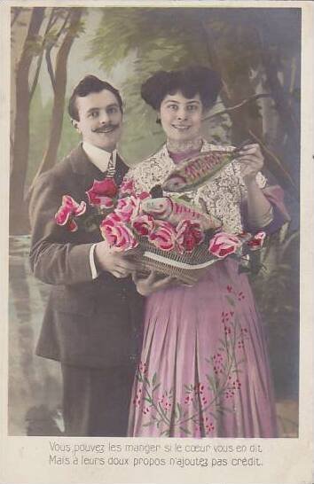 1er Avril April Fool's Day Romantic Couple With Basket Of Fish 1908