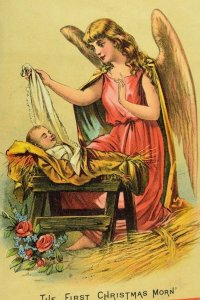 1870's Lovely Angel Baby Jesus, 1st Christmas Morn' F.E. Brezel Trade Card &P