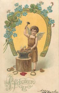 Embossed blacksmith angel luck floral horseshoe fantasy greetings postcard 1906 