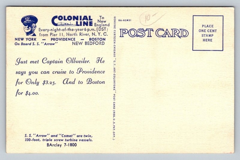 Vintage Colonial Line S.S. Arrow & Comet Steamship Linen Postcard