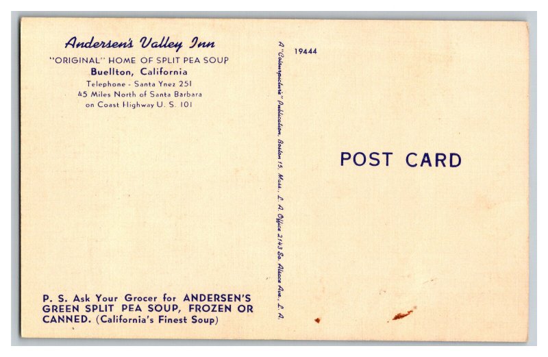 Andersen's Valley Inn Buellton California Postcard Home Of Split Pea Soup 