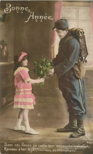 Postcard RPPC Photo 1916 French Soldiers Military girl floral gift 22-13630