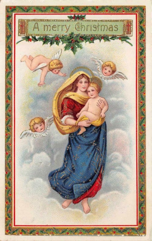 A MERRY CHRISTMAS HOLIDAY MADONNA & BABY JESUS ANGELS POSTCARD 1915