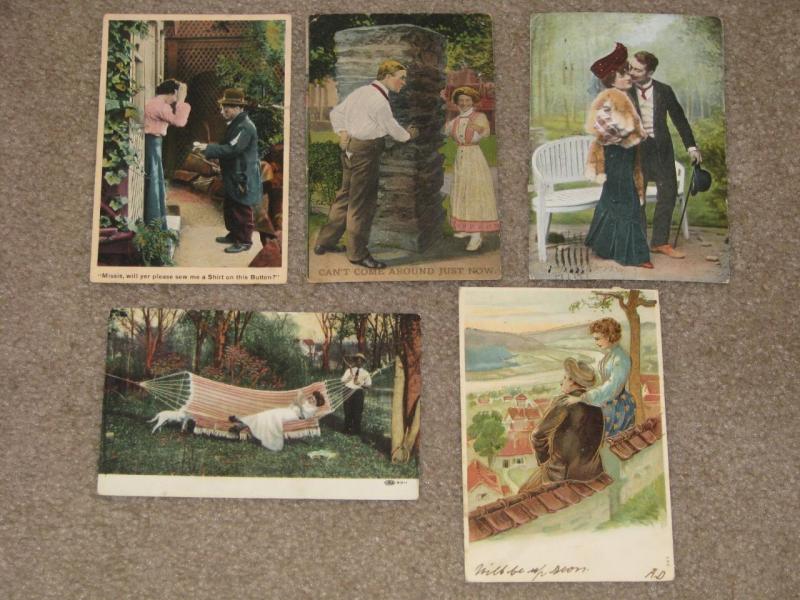 5 Romantic Postcards, used vintage cards