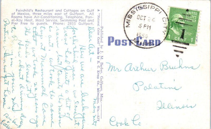 1940s Fairchild's Restaurant and Cottages U.S. Route 90 Gulfport MS Postcard