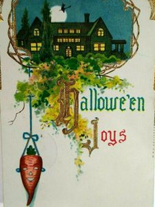 Halloween Postcard Carrot Face Anthropomorphic Witch Haunted House 1914 Lowell 