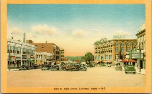 Vtg Lewiston Maine ME View of Main Street Old Cars 1940s Unused Linen Postcard