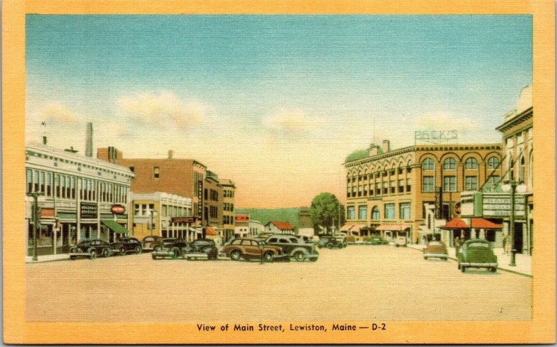 Vtg Lewiston Maine ME View of Main Street Old Cars 1940s Unused Linen Postcard