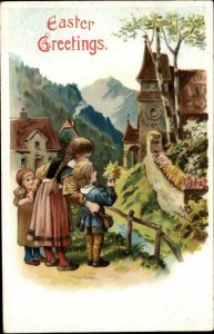 Easter Children in European Village c1910 Vintage Postcard