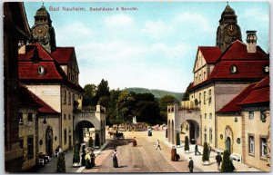 VINTAGE POSTCARD CROWDS GATHERED STREET SCENE BATH HOUSE AT BAD NAUHEIM GERMANY