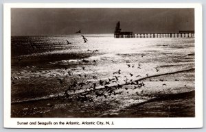 Sunset And Seagulls On The Atlantic City New Jersey NJ Real Photo RPPC Postcard