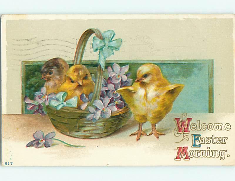 Divided-Back easter CHICKS SIT IN FLOWER BASKET v2608