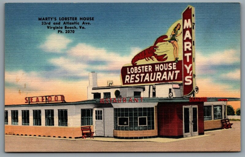 Postcard Virginia Beach VA c1940s Martys Lobster House Sea Food Restaurant Linen