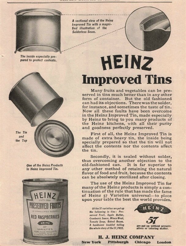 1907 Original Print Ad Piano-Player Heinz 57 Improved Tins 2P1-6 e et