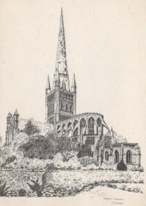 Norfolk Postcard - Pencil Drawing of Norwich Cathedral, Artist D.Shreeve  RR8424