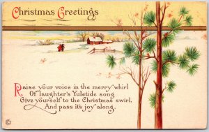 Christmas Greetings, 1921 Winter Landscape, Snowy Cottage & Pine Trees, Postcard