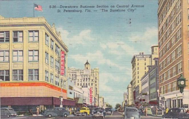 Florida St Petersburg Central Avenue Downtown Business Section 1951 Curteich