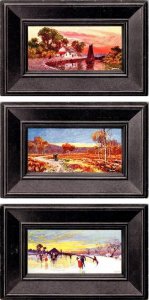 3~ca1910's Black Frame PEACOCK Jotter ART Postcards HOME~LANDSCAPE~ICE SKATING