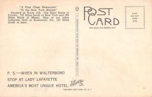 Walterboro South Carolina Lafayette Grill Dining Room Vintage Postcard JE359800