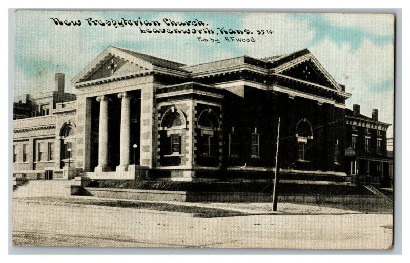 Postal 1910 nuevo Leavenworth Kansas Vintage Iglesia Presbiteriana tarjeta de vista estándar 