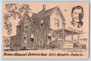 Dixon Illinois Postcard Ronald Reagan Boyhood Home Drawing Sketch 1940 Unposted