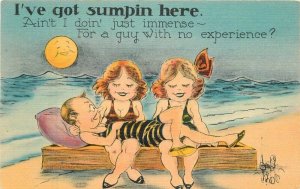 1940s Sexy women seaside man lounging on laps comic humor Postcard 22-8282