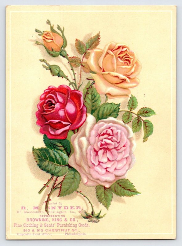 Victorian Trade Card Embossed Roses, R.M. Snyder, Browning King, Philadelphia