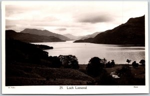 Loch Lomond Scotland UK, Panoramic Lake View with Forested Hills, RPPC Postcard