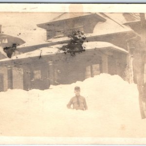 c1910s Man & Snowed In House RPPC Winter Sheboygan WI Cancel Real Photo PC A133