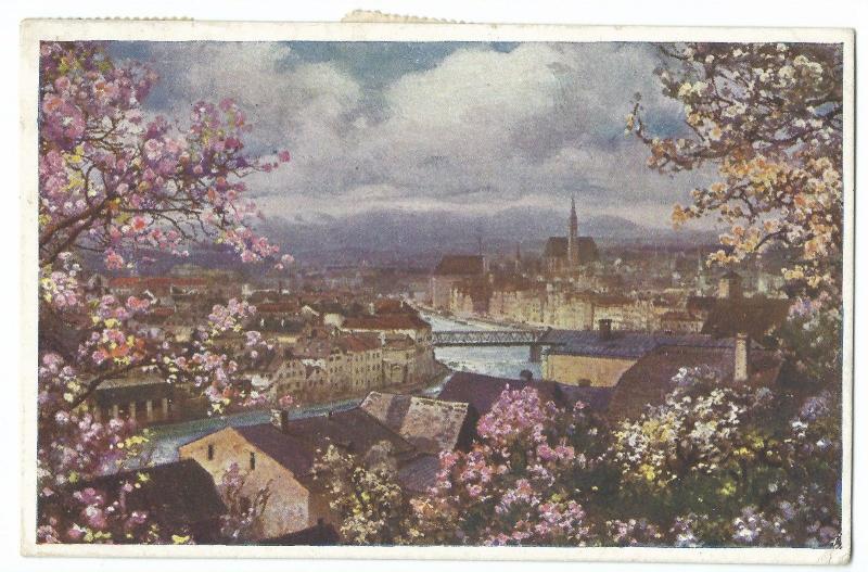 Steyr Ob Ost, View From The East PPC 1923 PMK, Shows River & Bridge