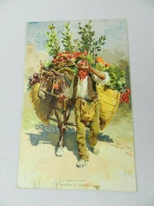 Vintage Postcard ITALY Verdummaro Fruit Seller on Donkey Lithograph 1922