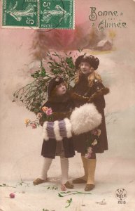 Vintage Postcard 1910's Bonne Anne Christmas Holiday Two Girls Costume Fur