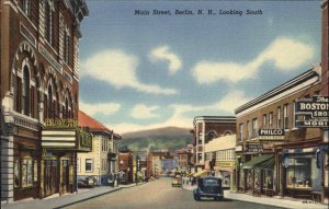 Berlin New Hampshire NH Main Street Albert Theatre Linen Vintage Postcard