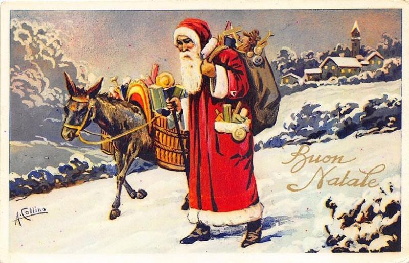 Christmas Santa Claus Donkey Signed A. Collins Italian Postcard