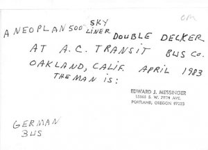 Neoplan 500 guideline or double-decker Oakland, CA, USA Bus Writing on Back 