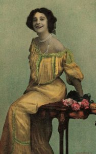 Beautiful Woman Sitting on End Table Pearl Necklace c.1912 Postcard / 10C1-66