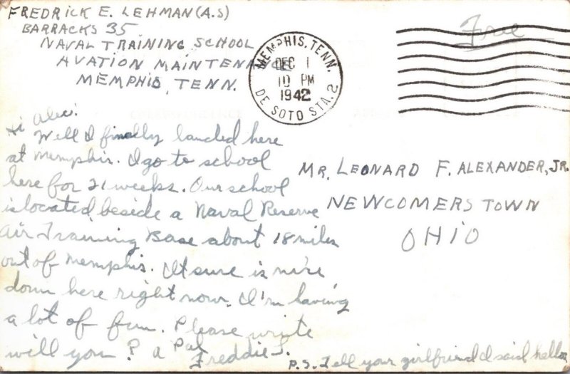 RPPC Postcard~USS Cuttlefish Soldier Mail Military WWII Aviation KC5 Memphis TN~