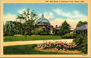 Vtg 1930's Bird House in Zoological Park Detroit Michigan Mi Linen Postcard