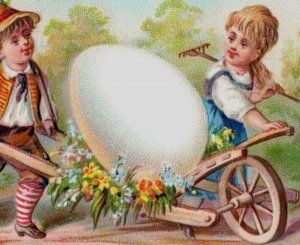 1880s Embossed Darlington Trunk & Co. Candy Children Giant Egg Wheelbarrow F104